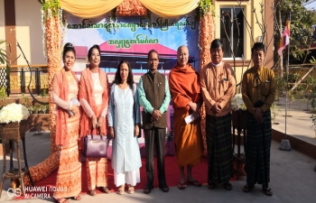 Consul General Mr.Nandan Singh Bhaisora and Madam Rashmi Bhaisora with H. E. U Aung Kyaw Oo, Speaker, Mandalay Region Parliament and Madam, during the Ceremony of Pouring Drops of Water for Aung Tan Thar Yatana Monastery Building where Yoga Training Centre, Sanskrit Learning Centre and English Learning Centre is being opened to bring the people of India and Myanmar closer, enhance people to people contacts, also maintain the rich cultural heritage of India and giving better knowledge of English to Myanmar youth.